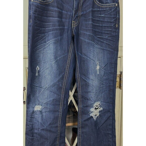 Machine Men Dark Blue Jean Sz 38x32 Distressed Straight Leg Relaxed Fit Denim T4 - Picture 6 of 11